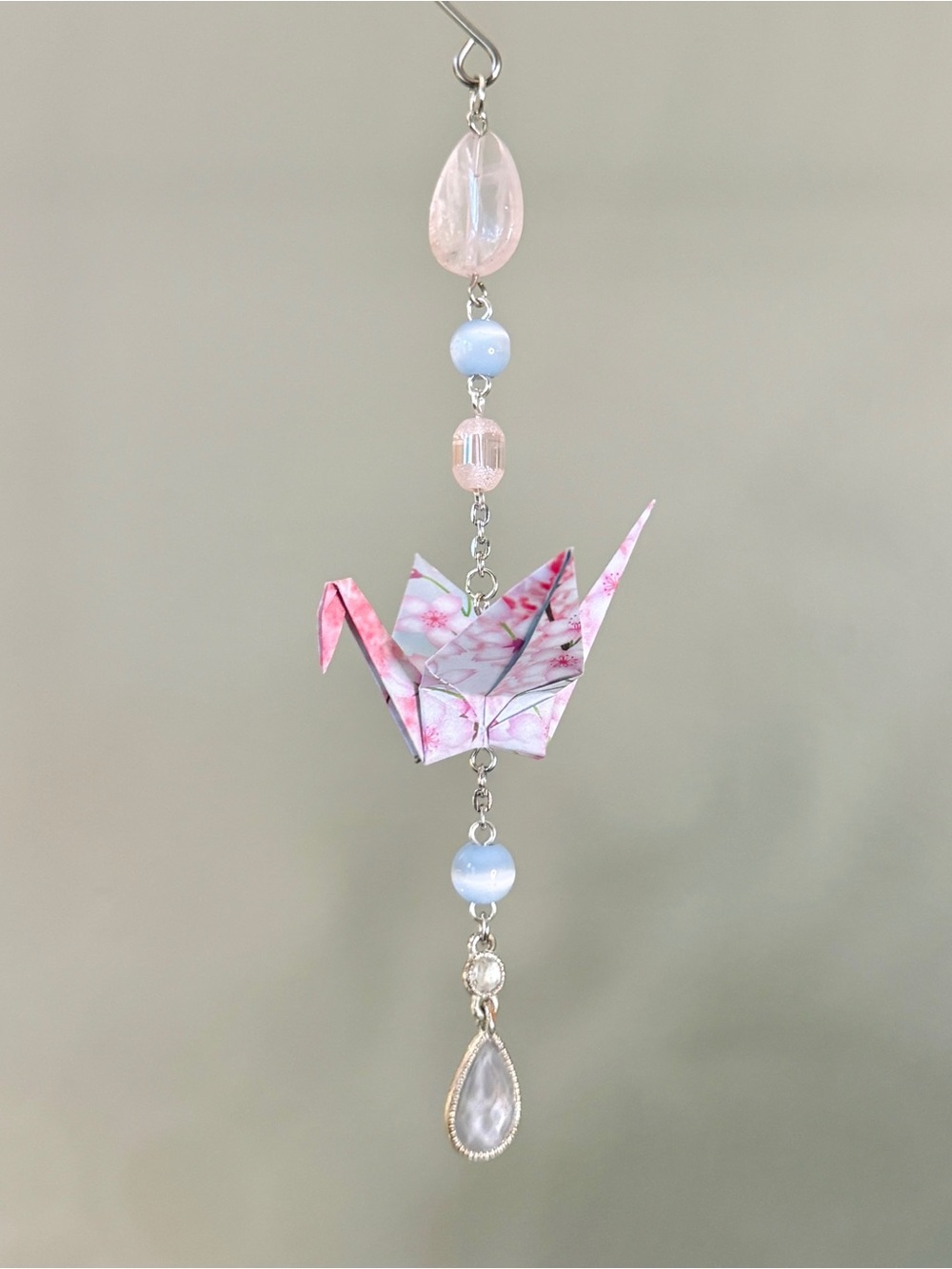 Origami Ornament #2536 - Small Crane with Repurposed Pendant